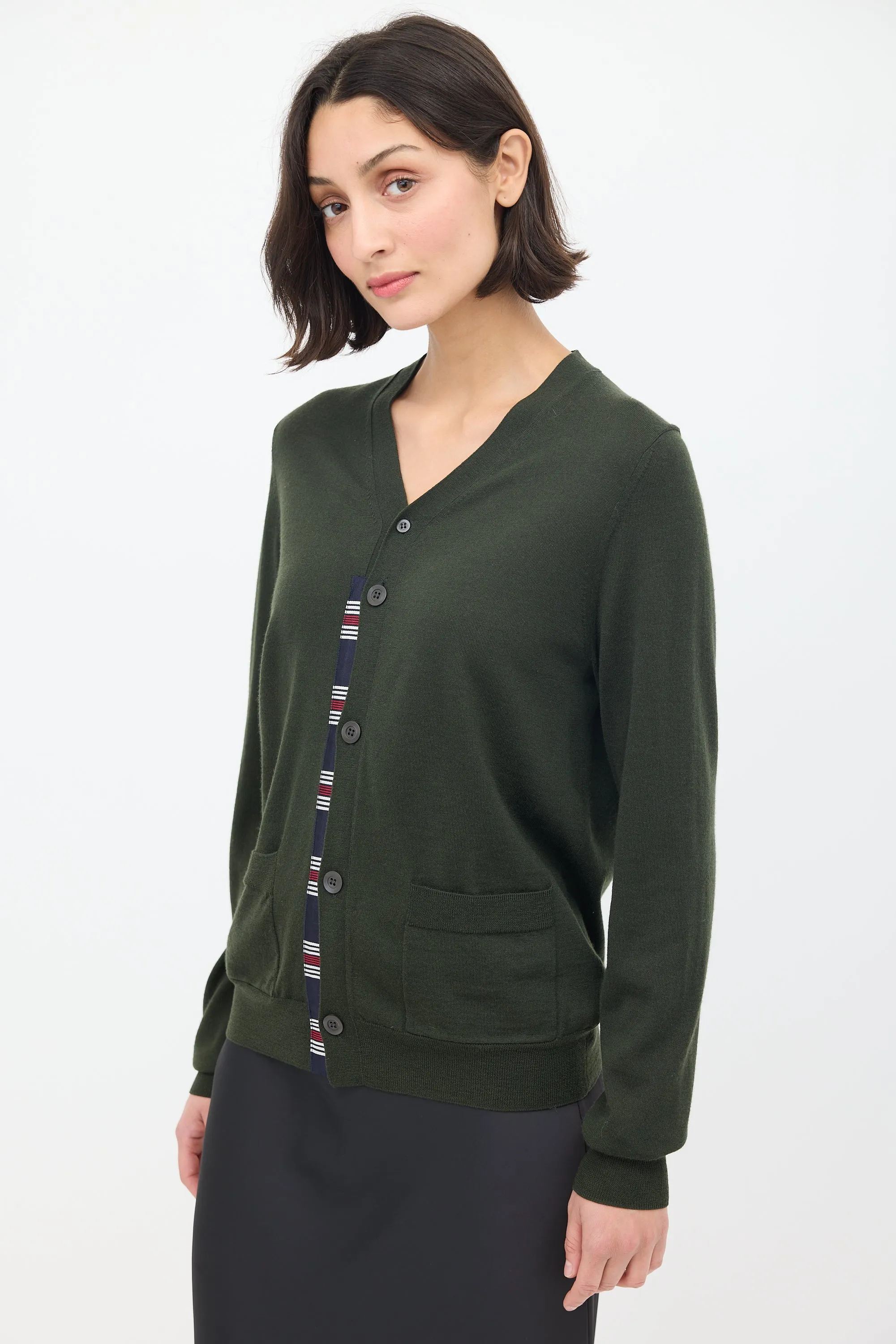 Green Wool Striped Trim Cardigan
