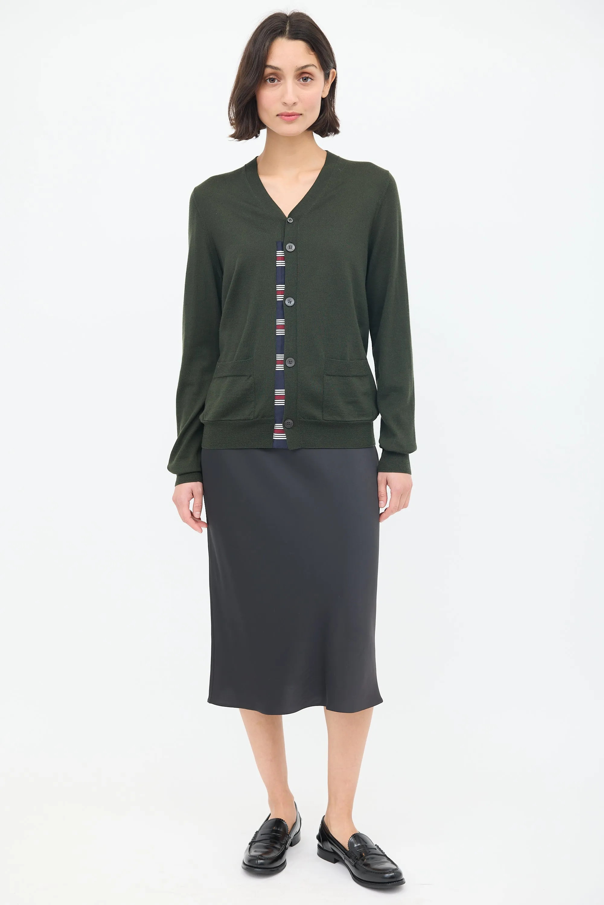 Green Wool Striped Trim Cardigan