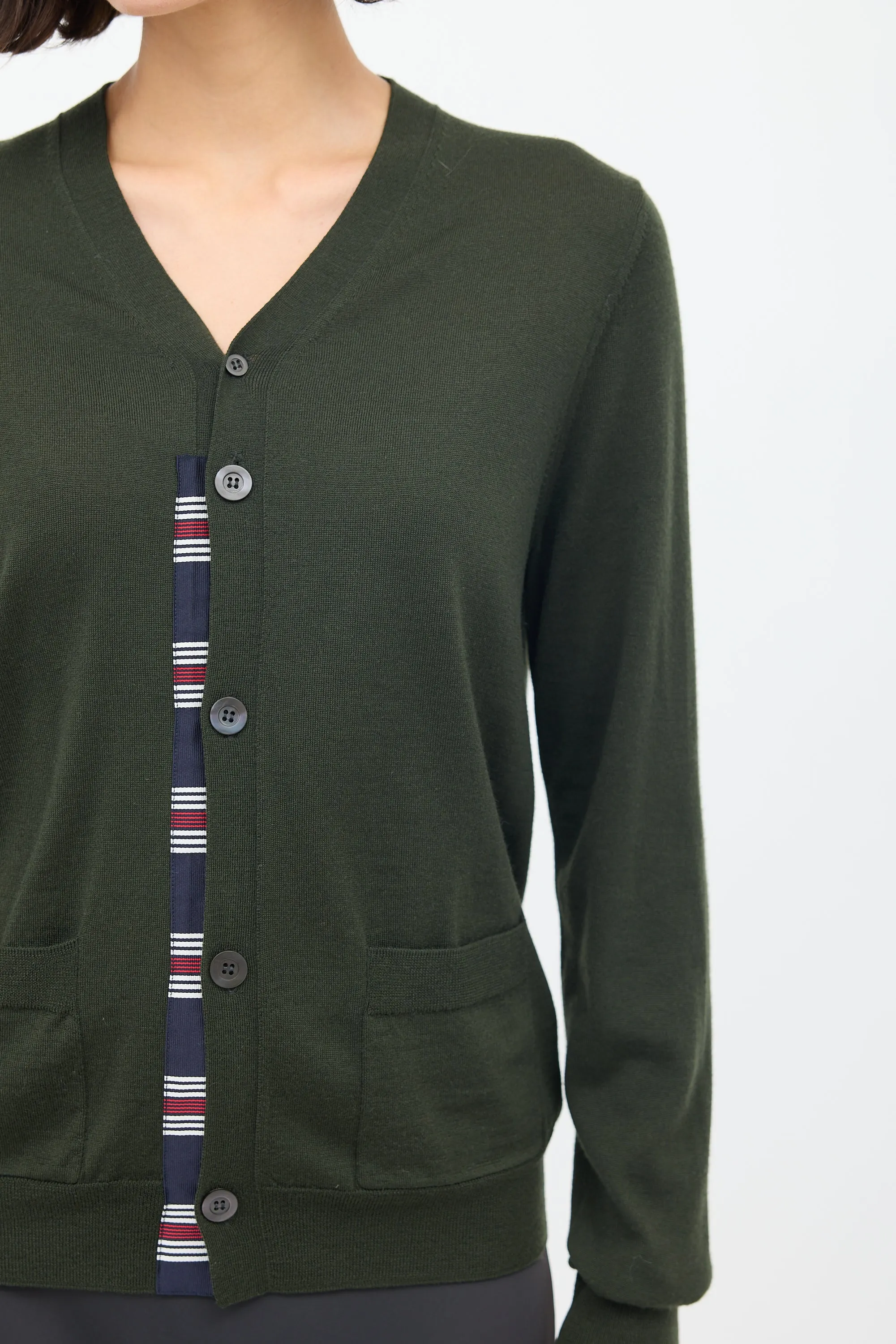 Green Wool Striped Trim Cardigan