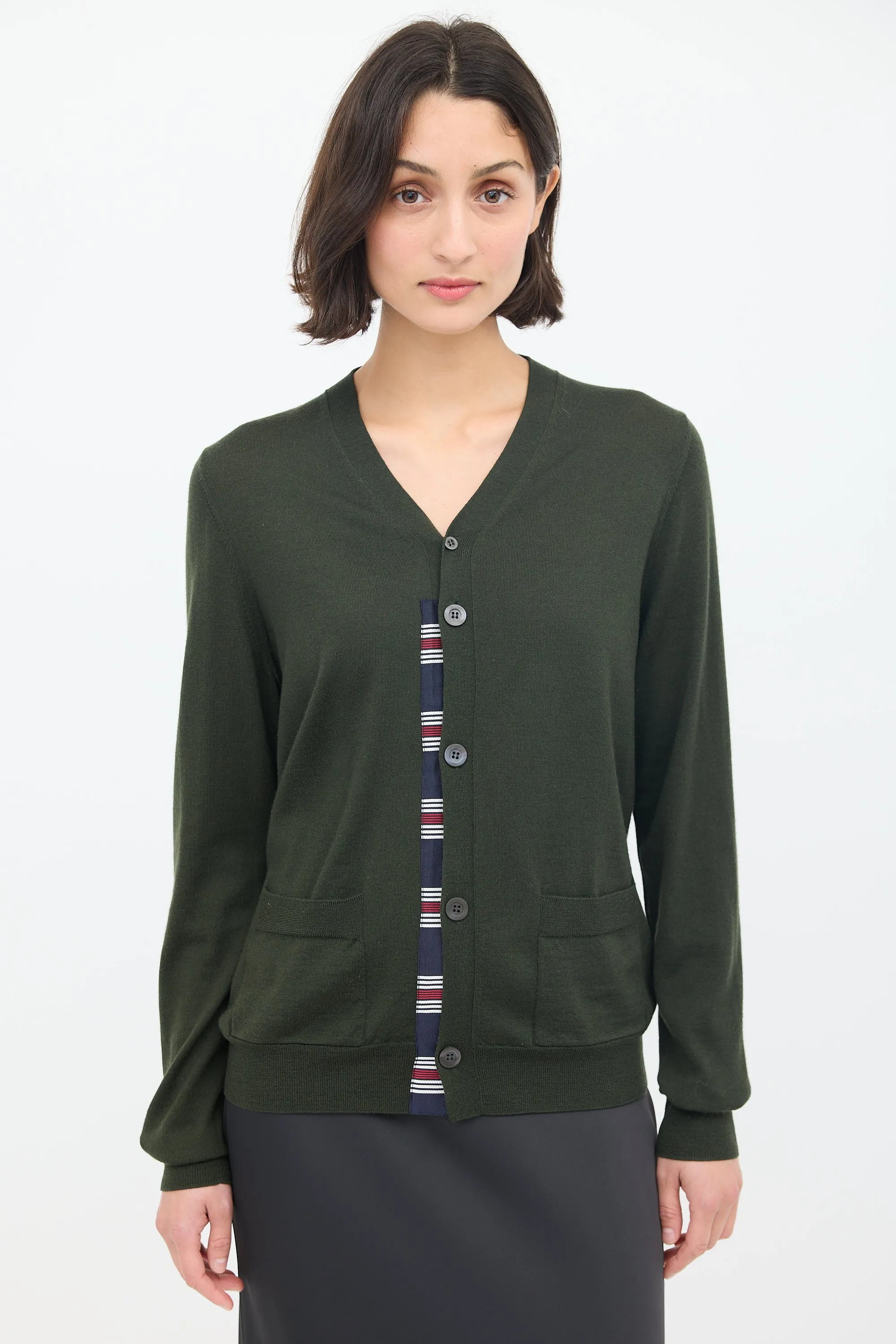Green Wool Striped Trim Cardigan