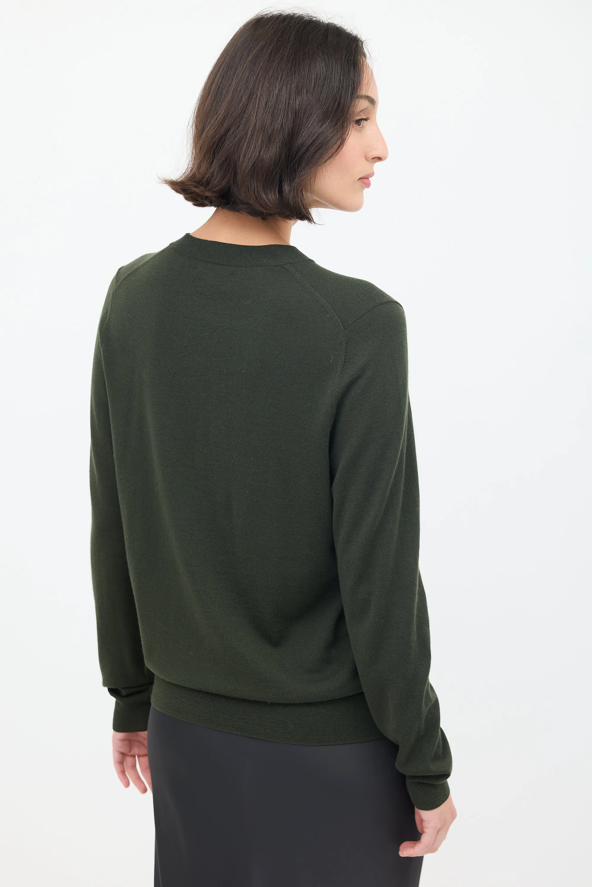 Green Wool Striped Trim Cardigan