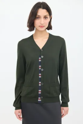 Green Wool Striped Trim Cardigan