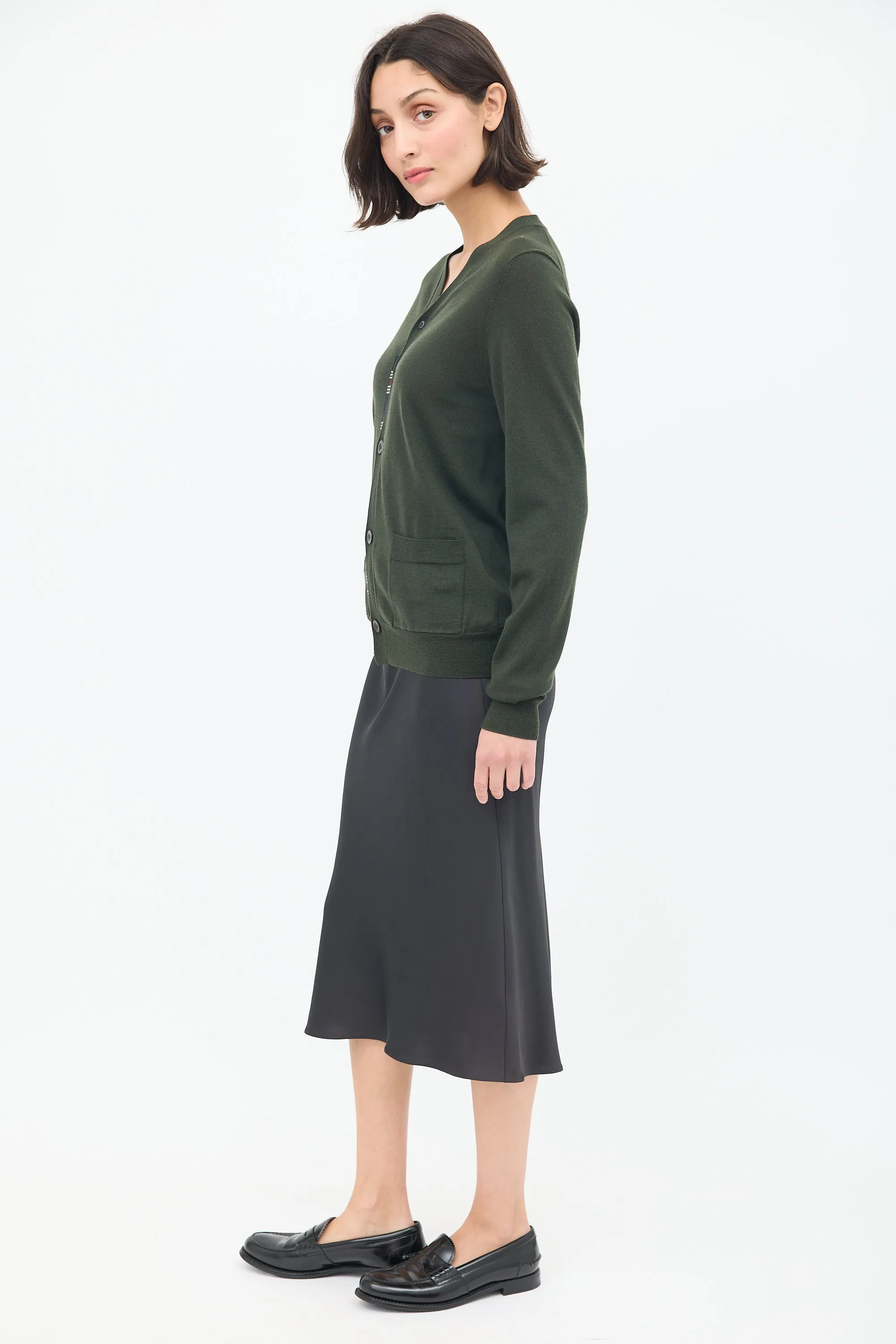 Green Wool Striped Trim Cardigan