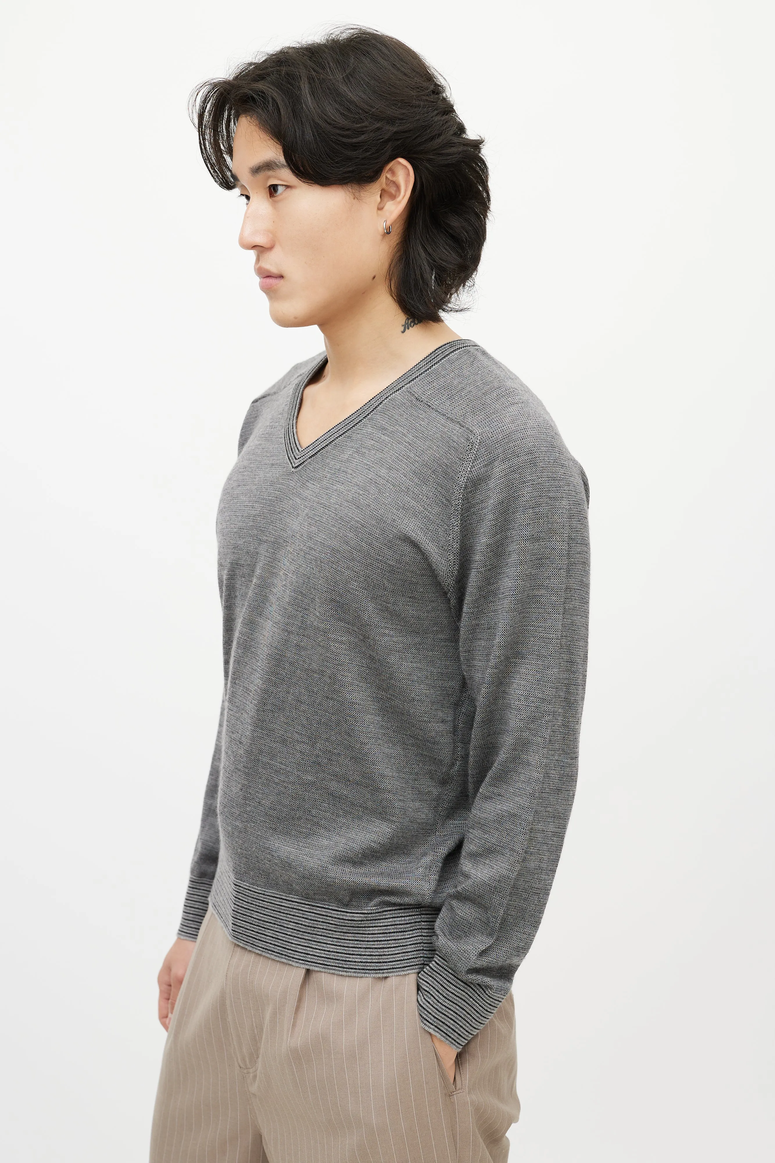 Grey Cashmere V-Neck Sweater