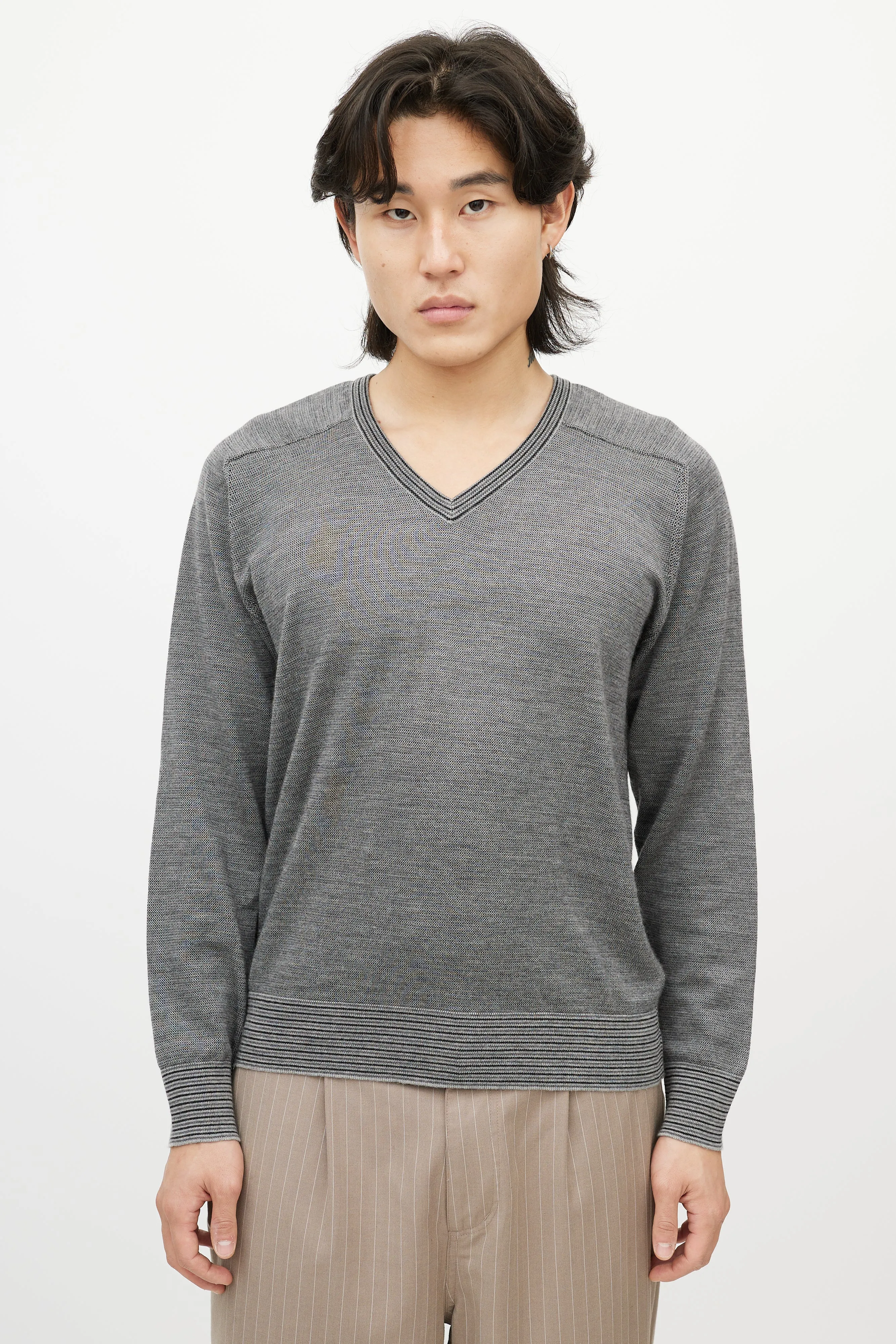 Grey Cashmere V-Neck Sweater