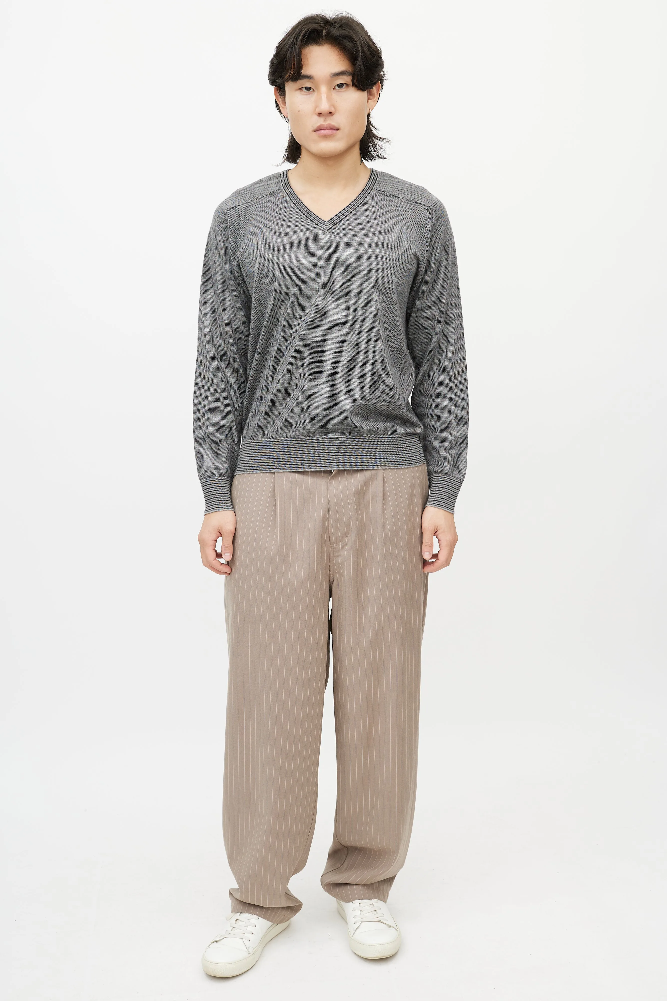 Grey Cashmere V-Neck Sweater