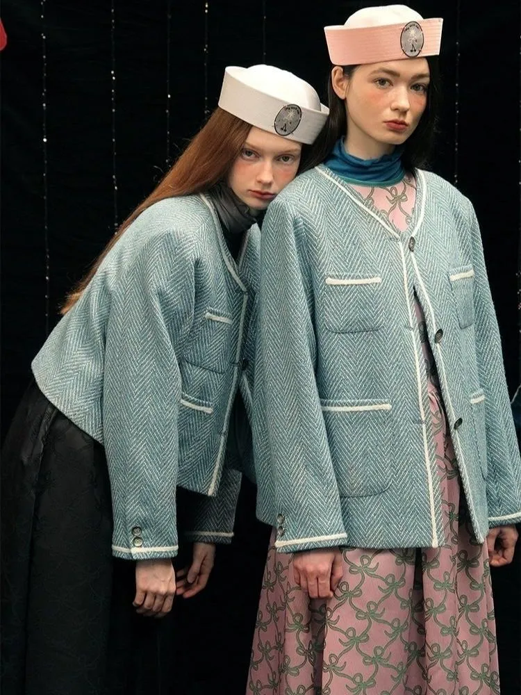 Herringbone pattern wool tweed jacket【s0000005949】