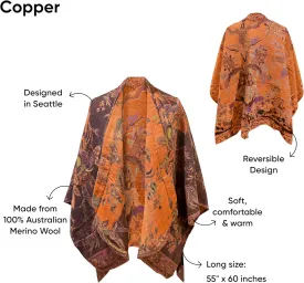 In Style 100% Australian Superfine Merino Wool Handmade Reversible Open Front Cape Ruana With Pockets