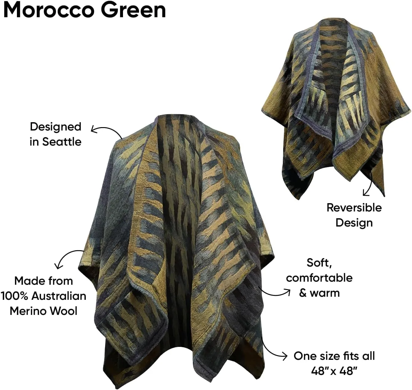 In Style 100% Australian Superfine Merino Wool Handmade Reversible Open Front Cape Ruana With Pockets