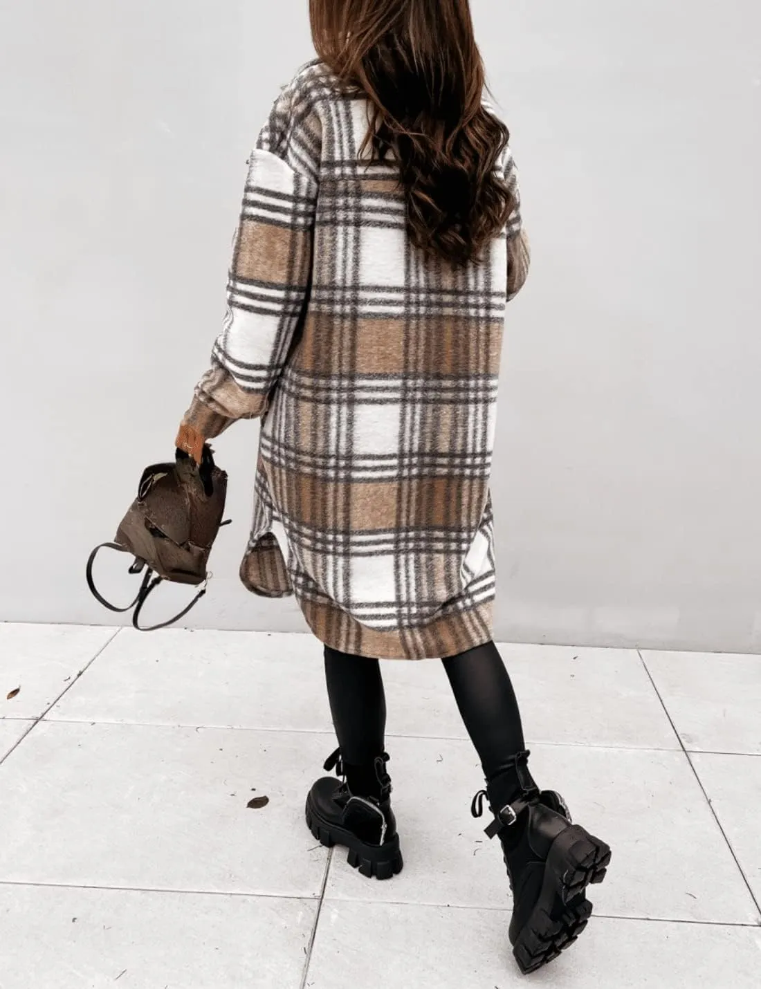 InterNos Women's Plaid Shacket Brushed Flannel Shirt Jacket Vintage Long Wool Blend Tartan Coat
