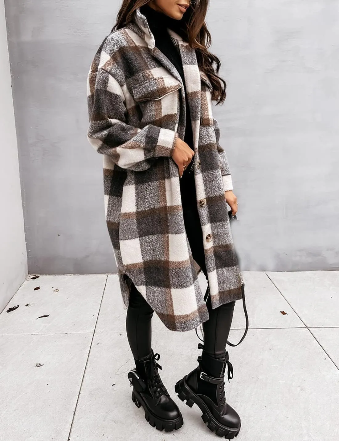 InterNos Women's Plaid Shacket Brushed Flannel Shirt Jacket Vintage Long Wool Blend Tartan Coat