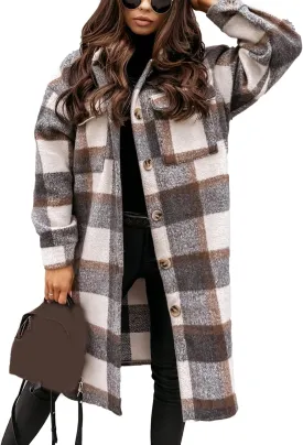 InterNos Women's Plaid Shacket Brushed Flannel Shirt Jacket Vintage Long Wool Blend Tartan Coat