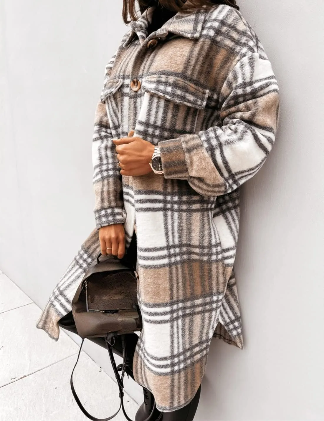 InterNos Women's Plaid Shacket Brushed Flannel Shirt Jacket Vintage Long Wool Blend Tartan Coat
