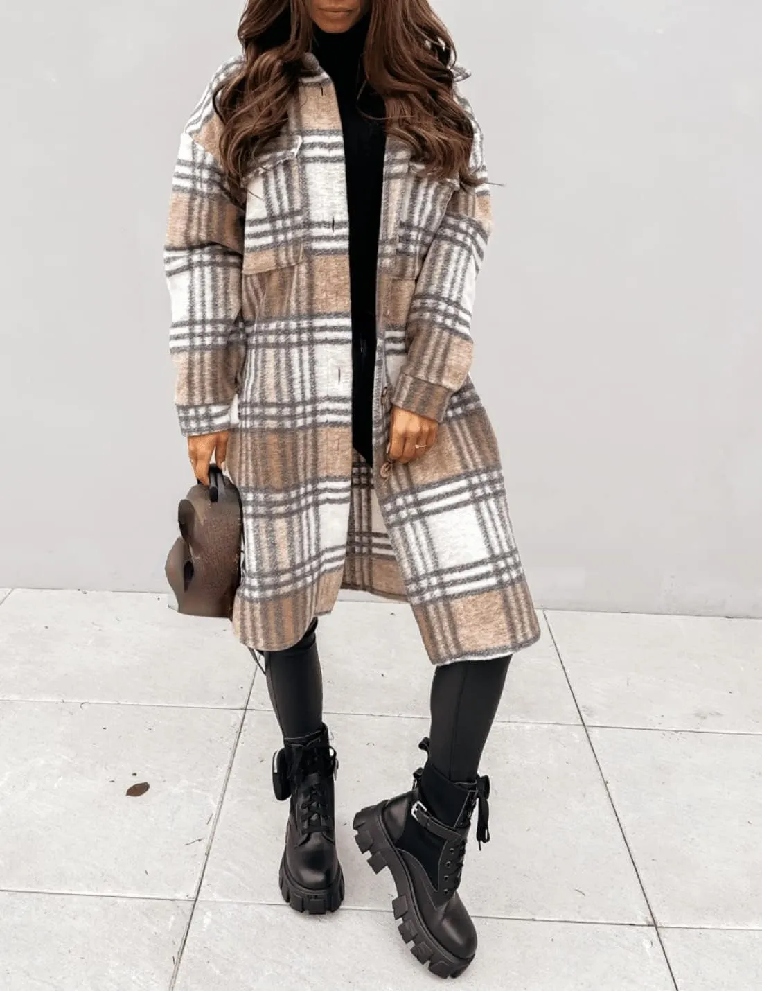 InterNos Women's Plaid Shacket Brushed Flannel Shirt Jacket Vintage Long Wool Blend Tartan Coat