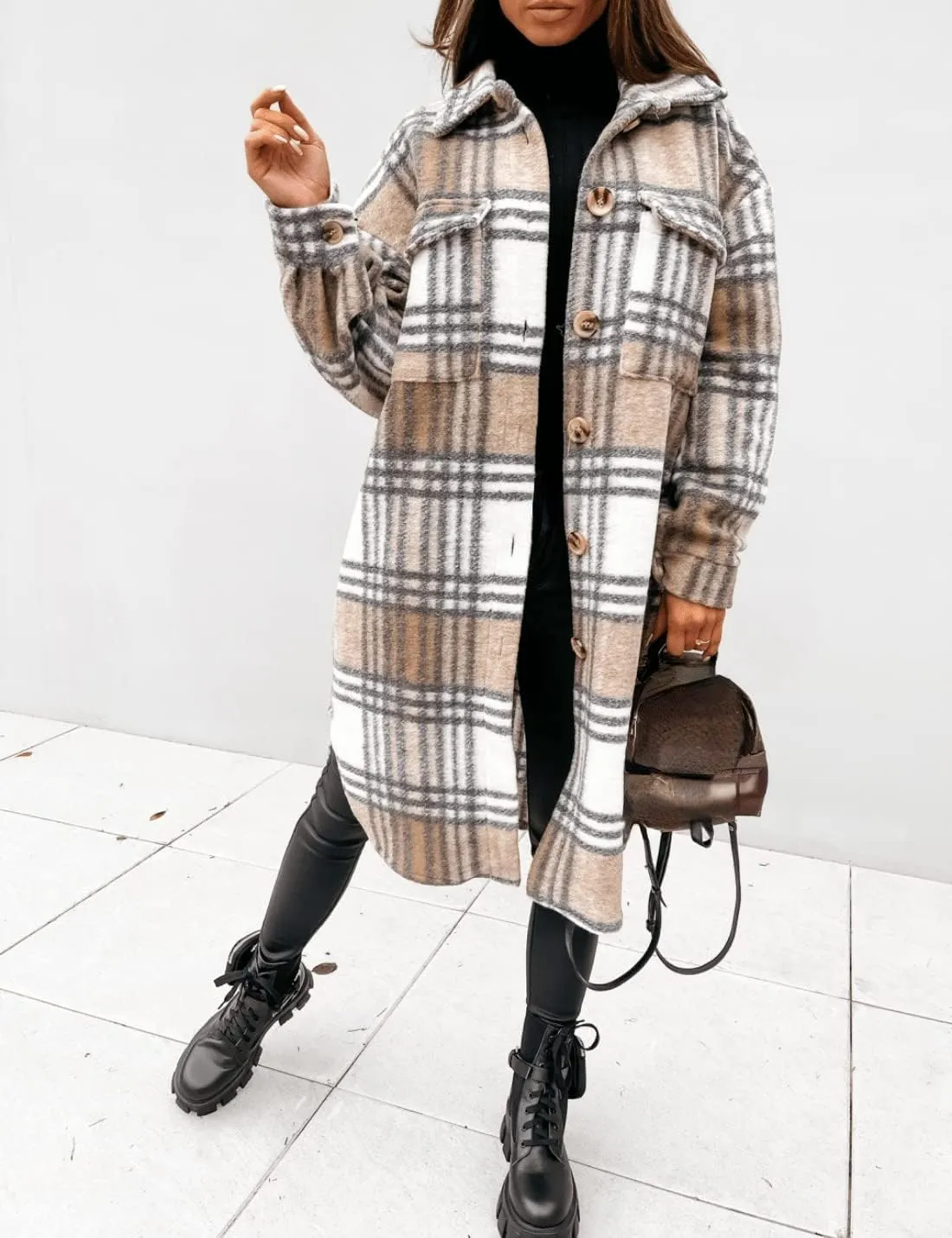 InterNos Women's Plaid Shacket Brushed Flannel Shirt Jacket Vintage Long Wool Blend Tartan Coat