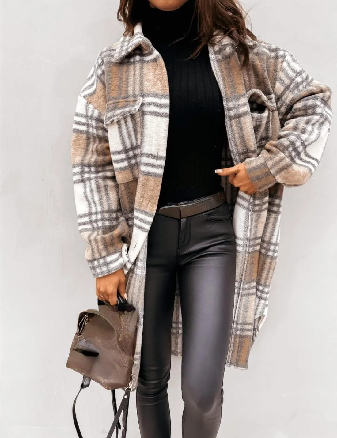 InterNos Women's Plaid Shacket Brushed Flannel Shirt Jacket Vintage Long Wool Blend Tartan Coat