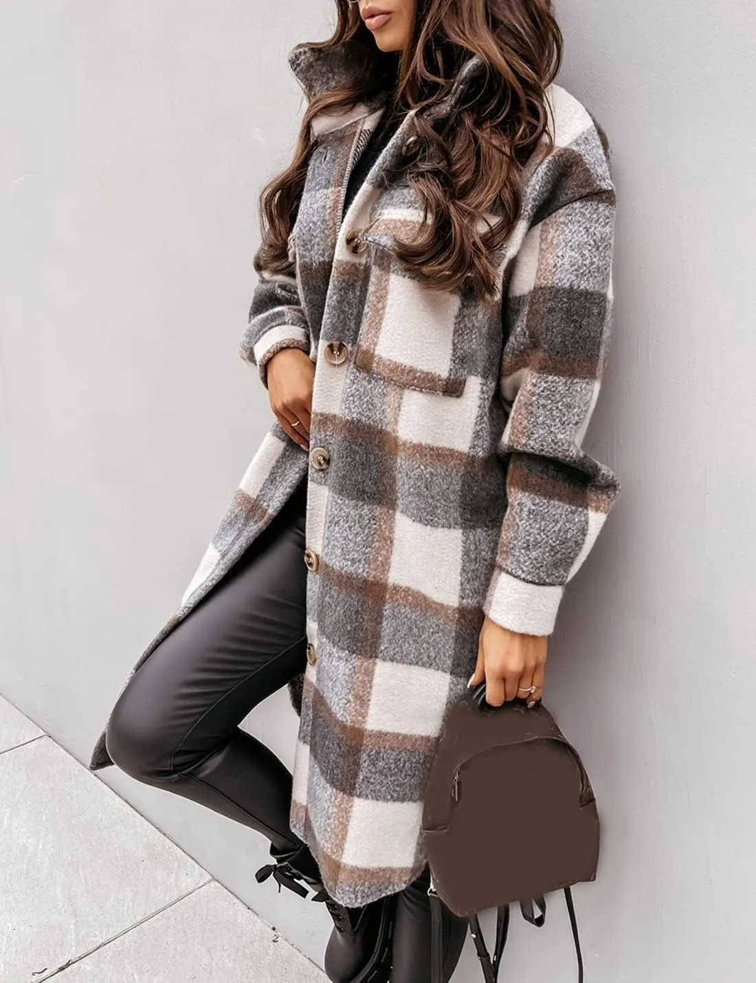InterNos Women's Plaid Shacket Brushed Flannel Shirt Jacket Vintage Long Wool Blend Tartan Coat