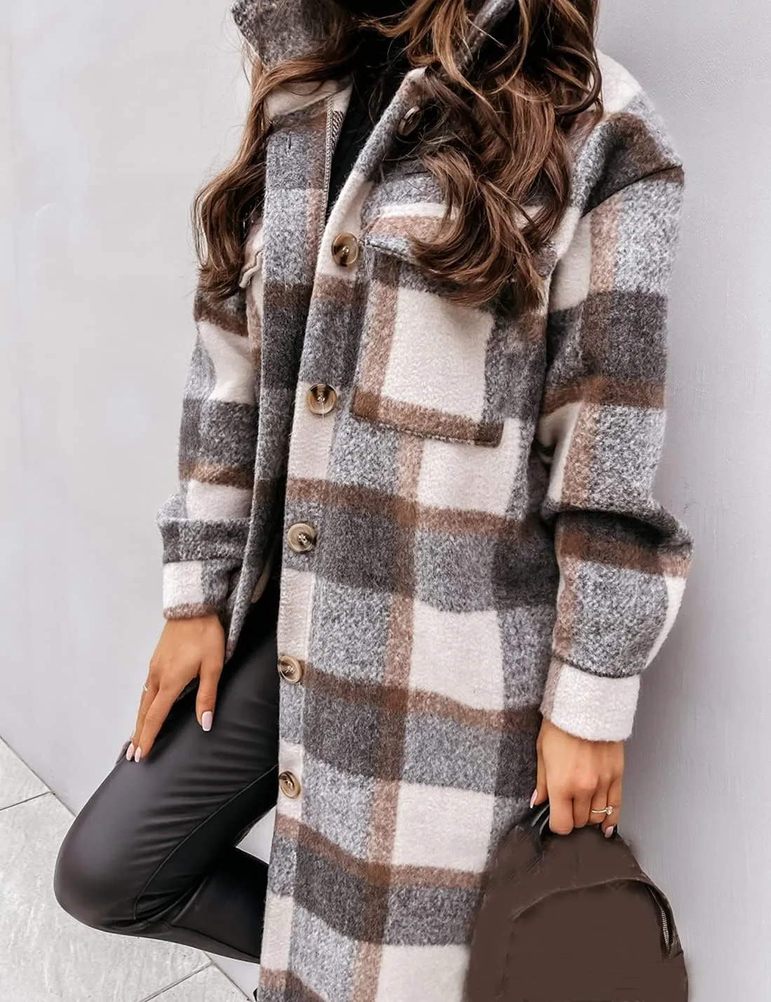 InterNos Women's Plaid Shacket Brushed Flannel Shirt Jacket Vintage Long Wool Blend Tartan Coat