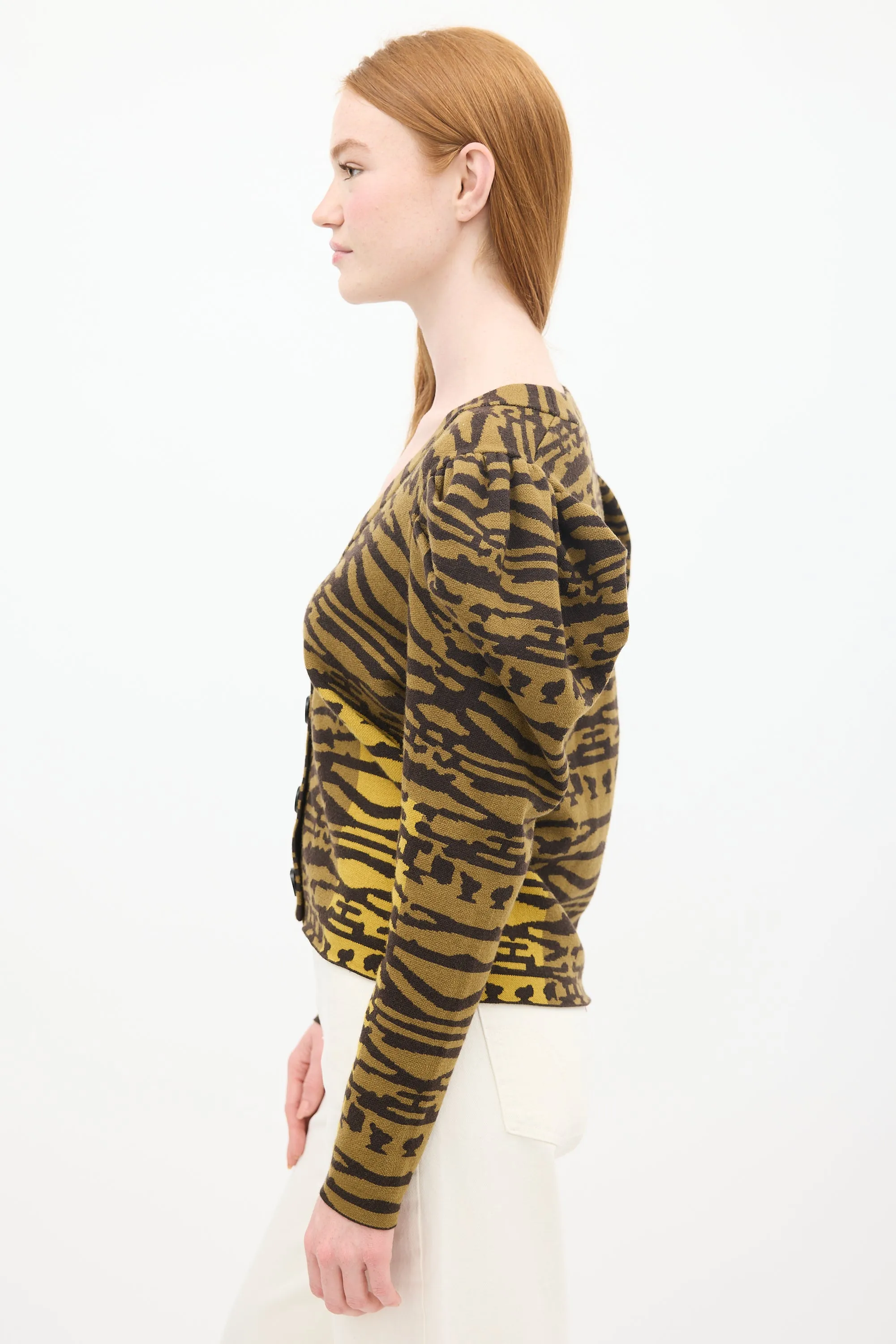Khaki Green Wool Striped Rhea Puff Sleeve Cardigan