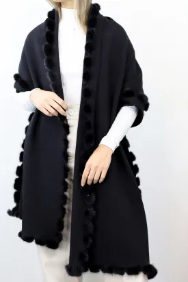 La Fiorentina | Beautiful Wrap with Mink Poms - Black/Black