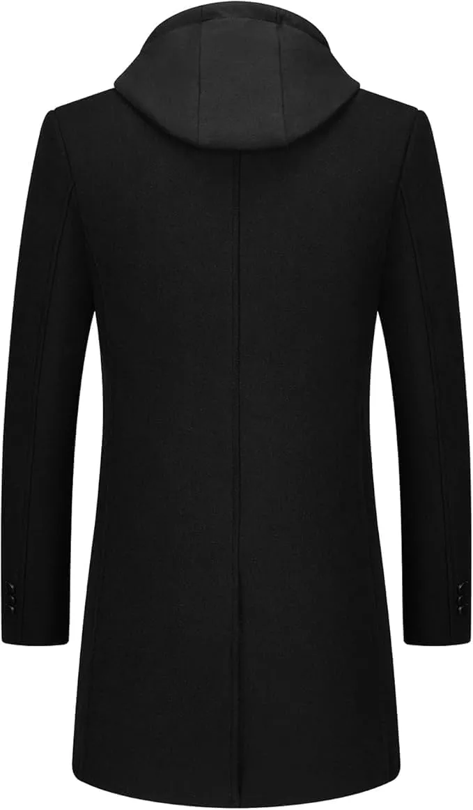 Lamgool Men's Winter Long Coat Wool Blend Single Breasted Overcoat With Removable Hood
