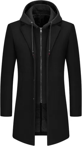 Lamgool Men's Winter Long Coat Wool Blend Single Breasted Overcoat With Removable Hood
