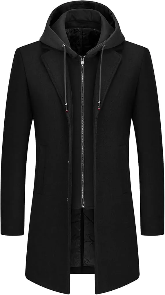Lamgool Men's Winter Long Coat Wool Blend Single Breasted Overcoat With Removable Hood