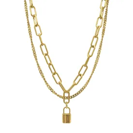 Layered Curb and Paper Clip Chain Lock Necklace gold