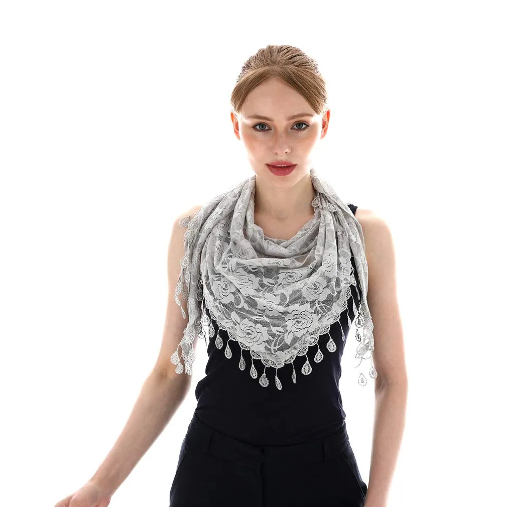 LMVERNA Lightweight Triangle Floral Fashion Lace Fringe Scarf Wrap for Women (Gray)