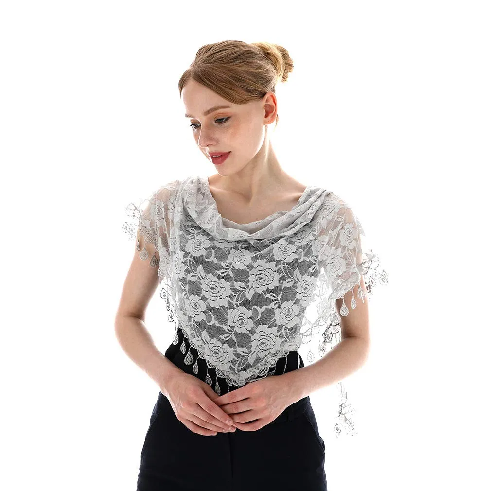 LMVERNA Lightweight Triangle Floral Fashion Lace Fringe Scarf Wrap for Women (Gray)