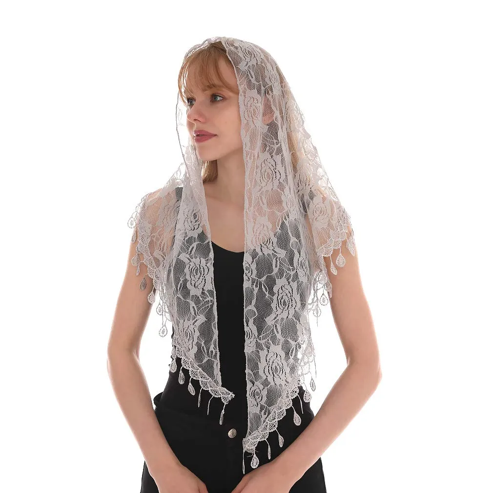 LMVERNA Lightweight Triangle Floral Fashion Lace Fringe Scarf Wrap for Women (Gray)