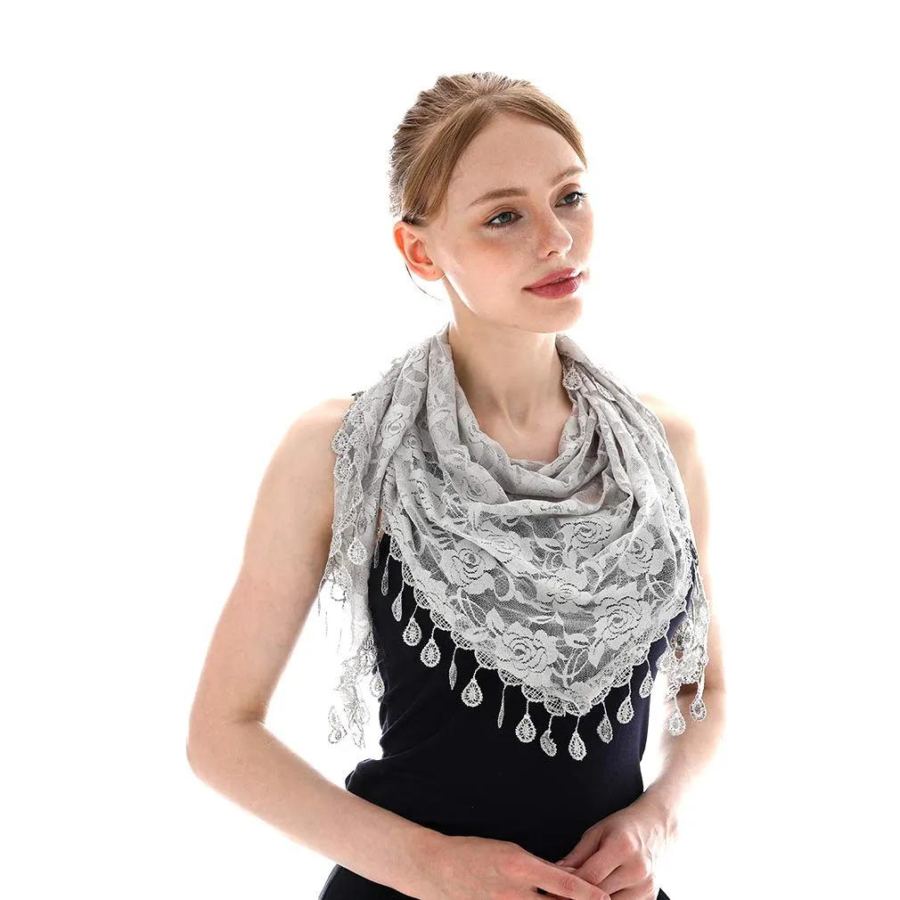 LMVERNA Lightweight Triangle Floral Fashion Lace Fringe Scarf Wrap for Women (Gray)