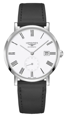 Longines Elegant Automatic Stainless Steel White Dial Black Leather Strap Date Unisex Watch L4.812.4.11.0