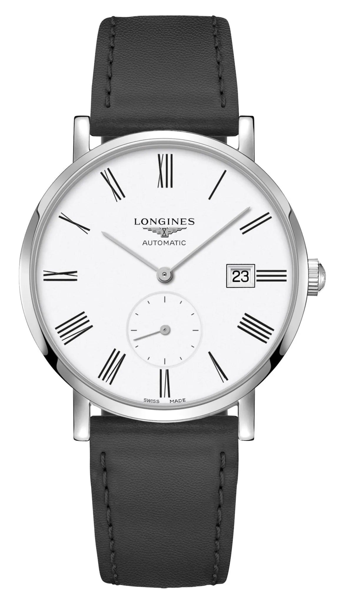 Longines Elegant Automatic Stainless Steel White Dial Black Leather Strap Date Unisex Watch L4.812.4.11.0