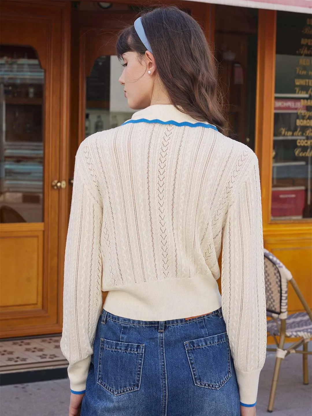 Maria Contrast Wavy Lapel Knitted Sweater
