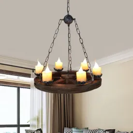 Marina - Marble Chandelier Lamp: Elegant 6-Head Pendant with Wood Wheel Design