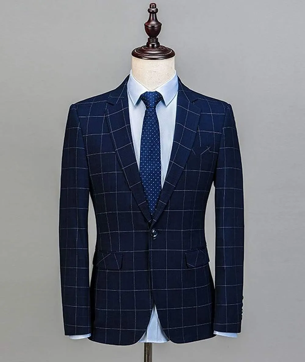 Men's Checked One Button Blazer Notch Lapel Business Casual Jacket