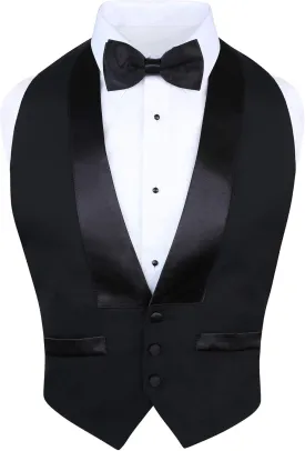 Men's Classic Formal 100% Wool Black Backless Tuxedo Vest Includes Bow Tie