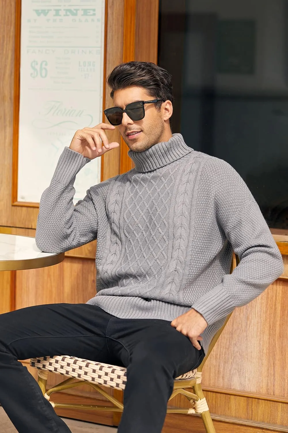 Mens Turtleneck Sweater Pullover Twisted Pattern Casual Loose Fit Thick Winter Long Sleeve Cable Knit Sweaters