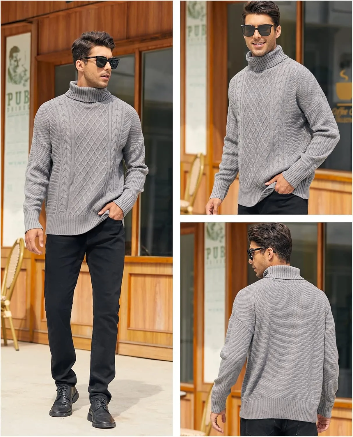 Mens Turtleneck Sweater Pullover Twisted Pattern Casual Loose Fit Thick Winter Long Sleeve Cable Knit Sweaters