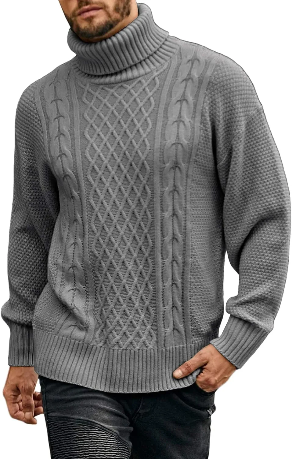 Mens Turtleneck Sweater Pullover Twisted Pattern Casual Loose Fit Thick Winter Long Sleeve Cable Knit Sweaters