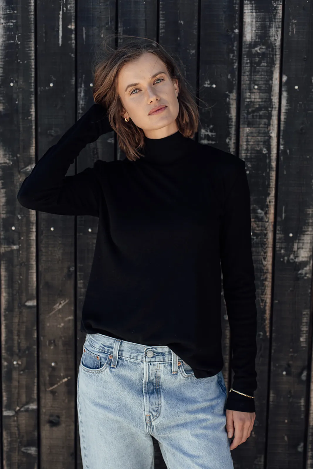 Merino Rib Turtle Neck Top - Black