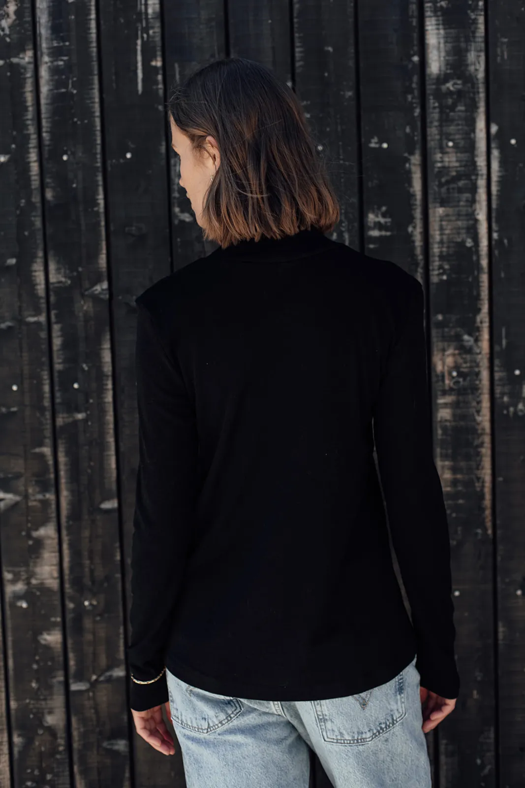 Merino Rib Turtle Neck Top - Black