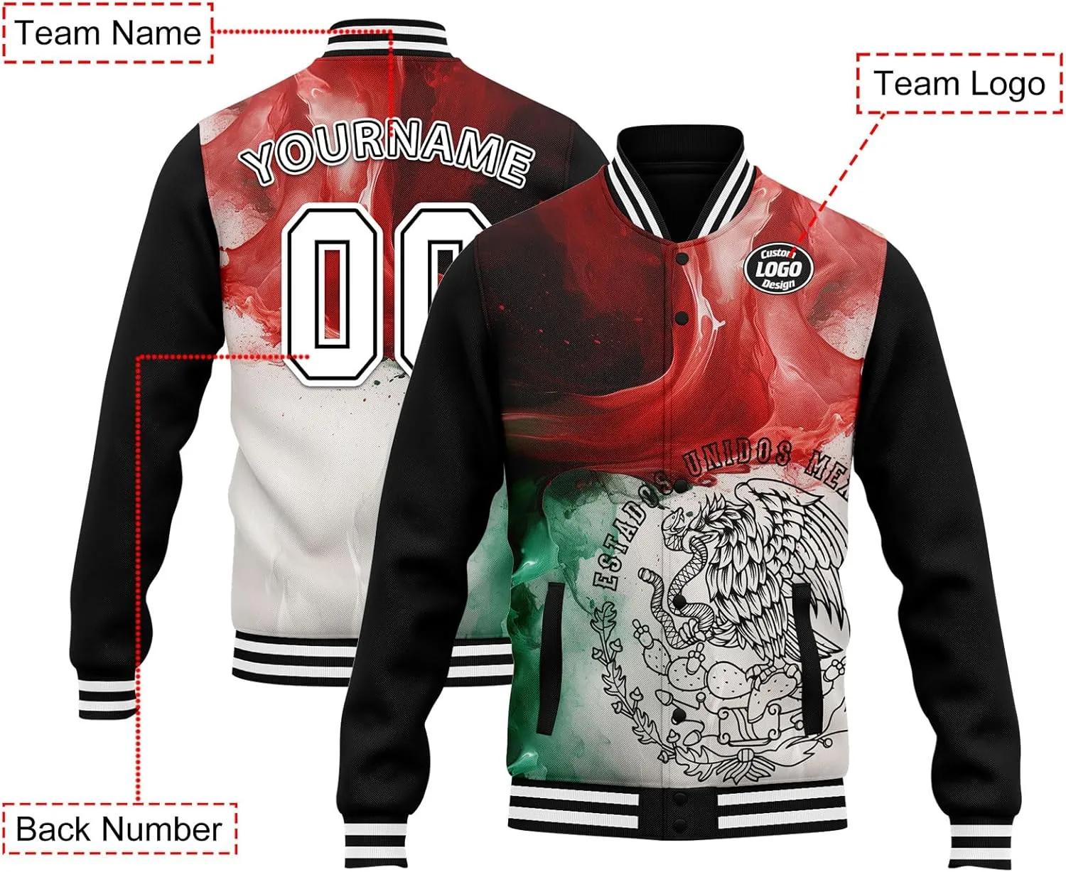 Mexico Flag Custom Varsity Jacket Vintage Baseball Bomber Jackets Streetwear Coats