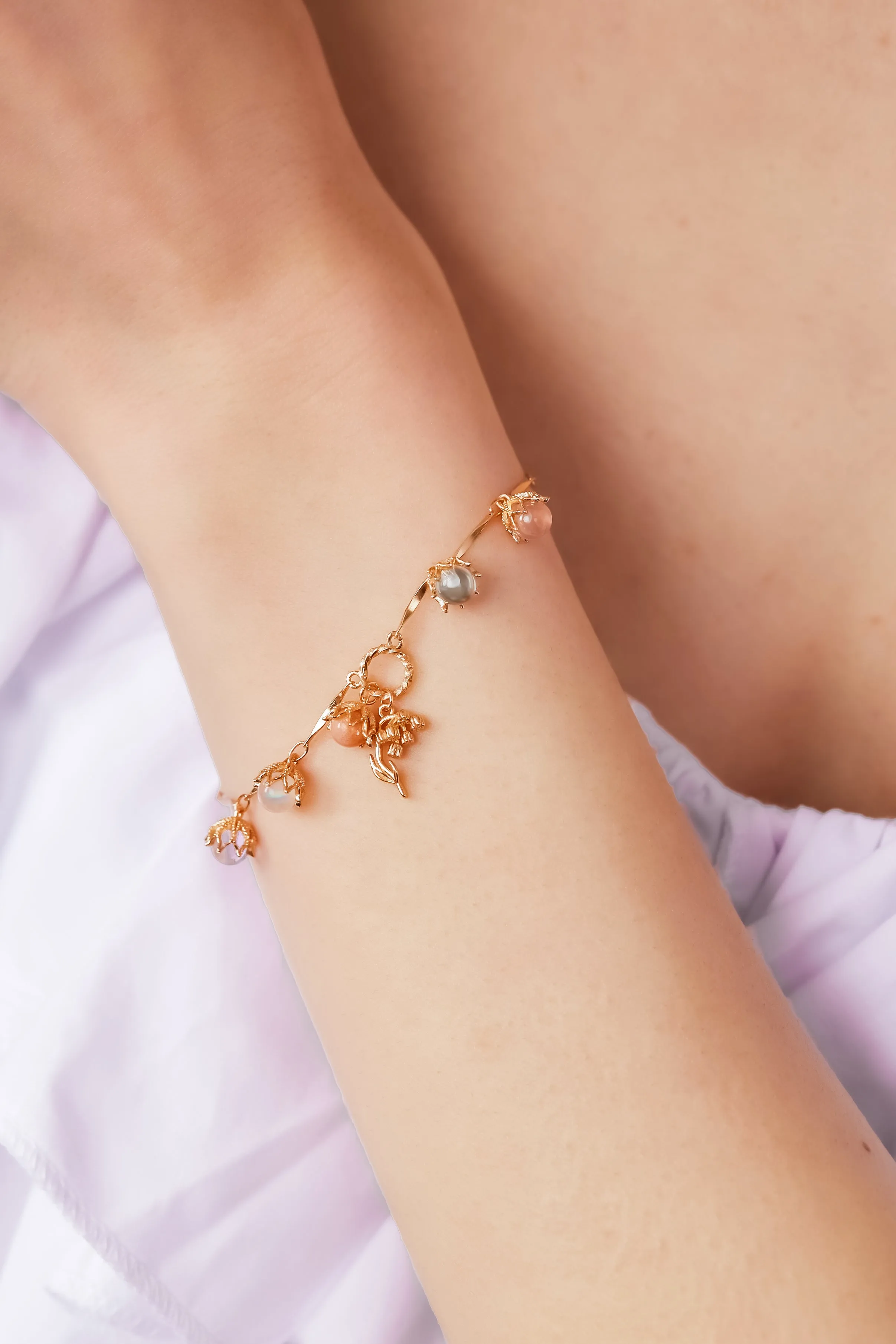 Moonstone, Sunstone, Amethyst, Blue Topaz, Rose Quartz Gold Dangle Bracelet- Lily of the Valley
