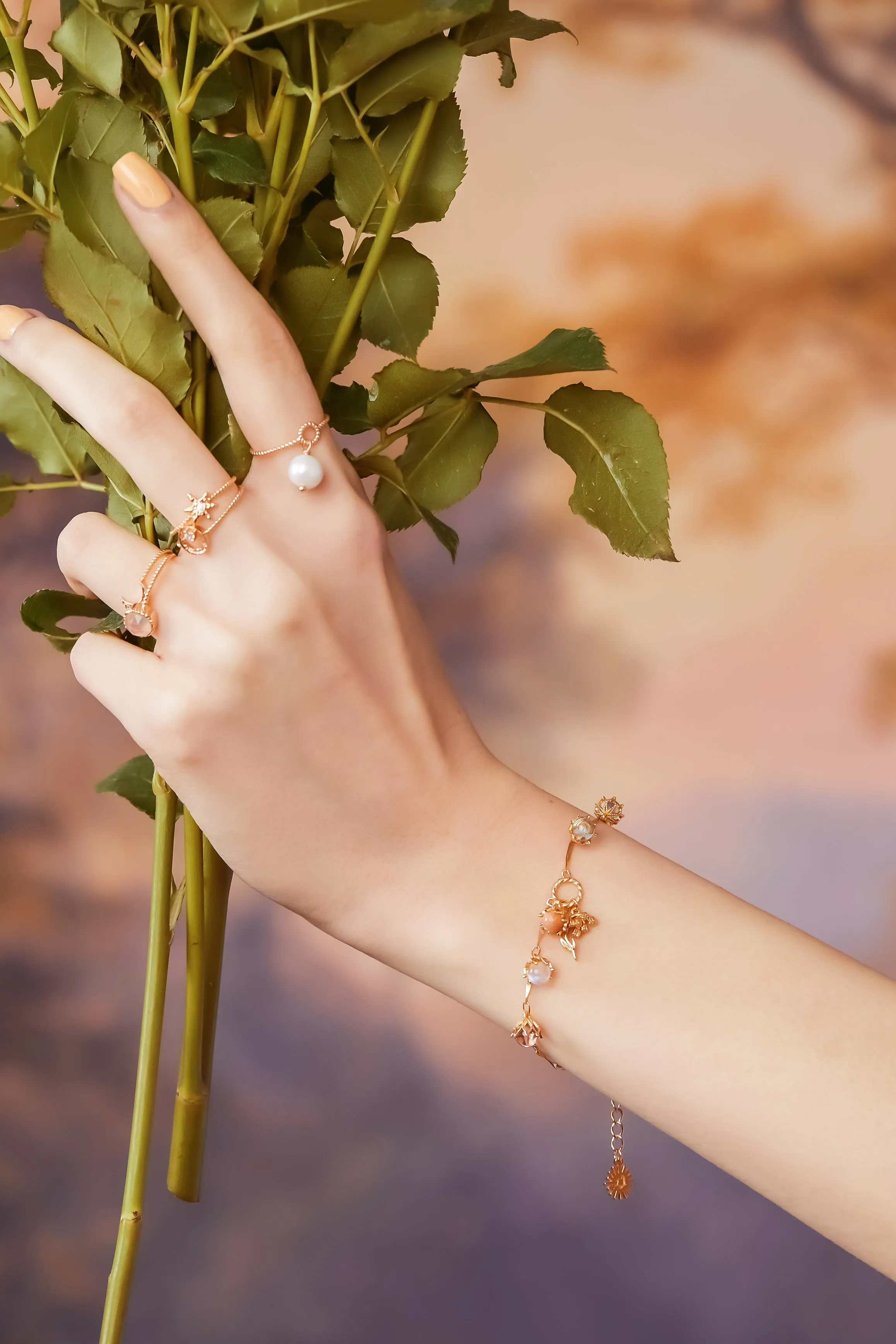 Moonstone, Sunstone, Amethyst, Blue Topaz, Rose Quartz Gold Dangle Bracelet- Lily of the Valley