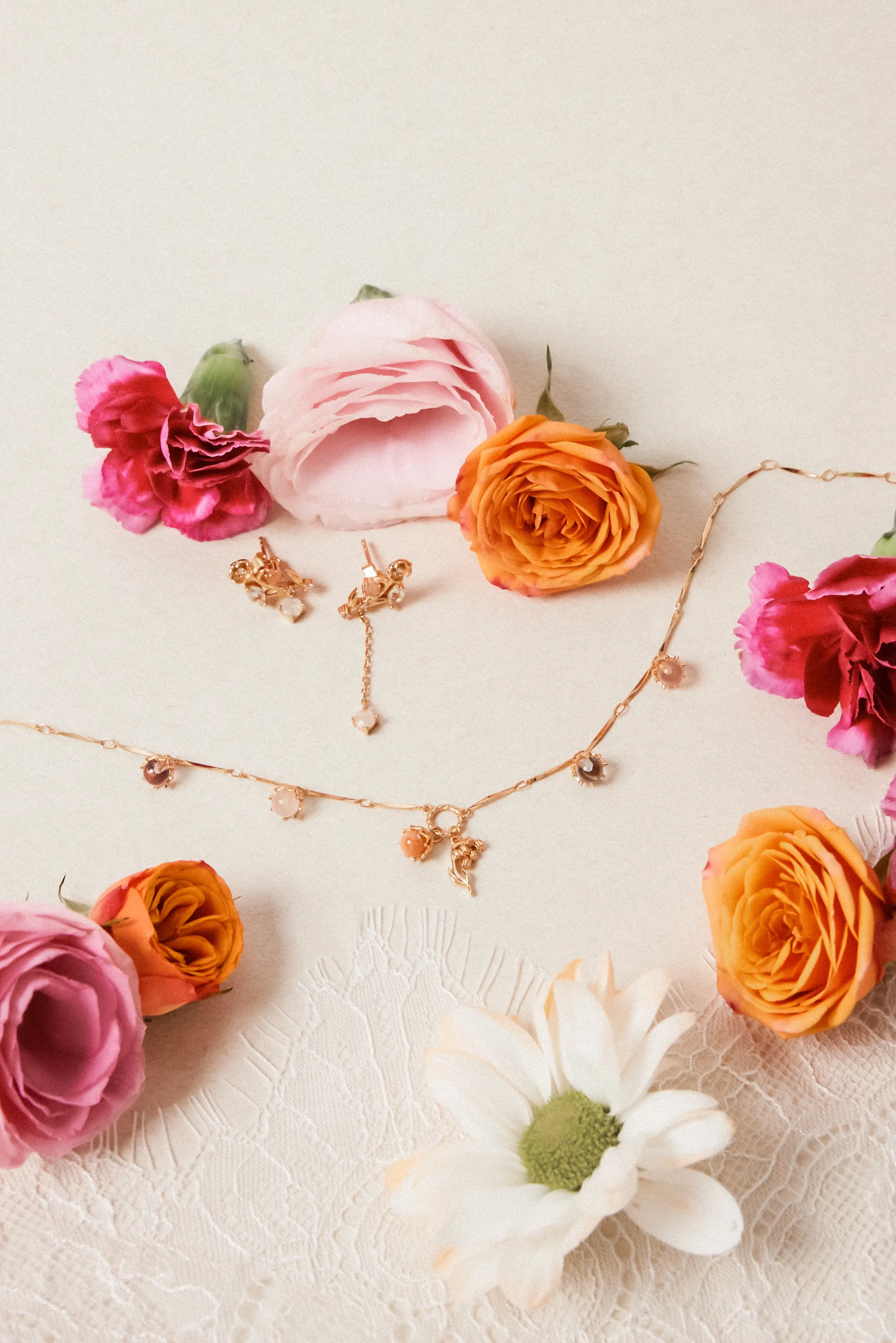 Moonstone, Sunstone, Amethyst, Blue Topaz, Rose Quartz Gold Dangle Bracelet- Lily of the Valley