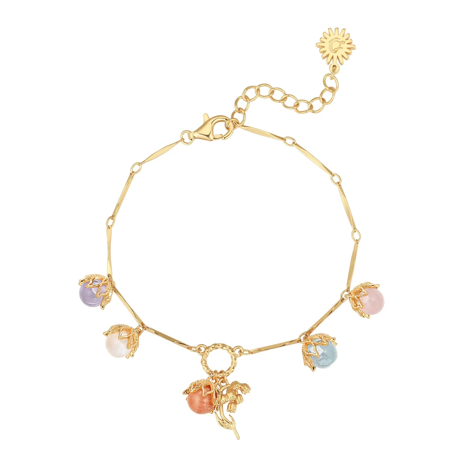 Moonstone, Sunstone, Amethyst, Blue Topaz, Rose Quartz Gold Dangle Bracelet- Lily of the Valley