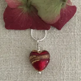 Necklace with red and aventurine swirl Murano glass small heart pendant on silver chain