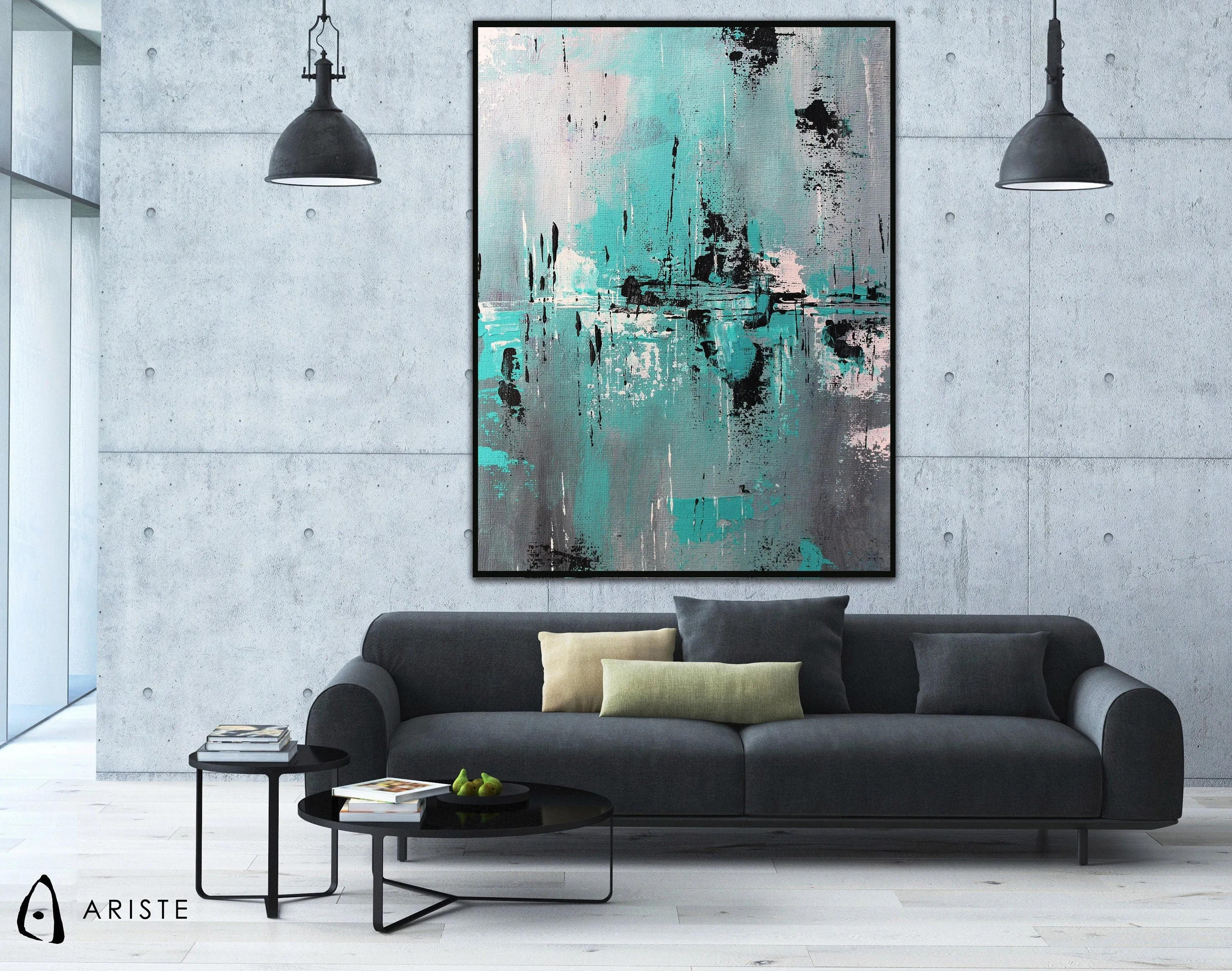Neutral & teal abstract oversize wall art made to order in a custom size